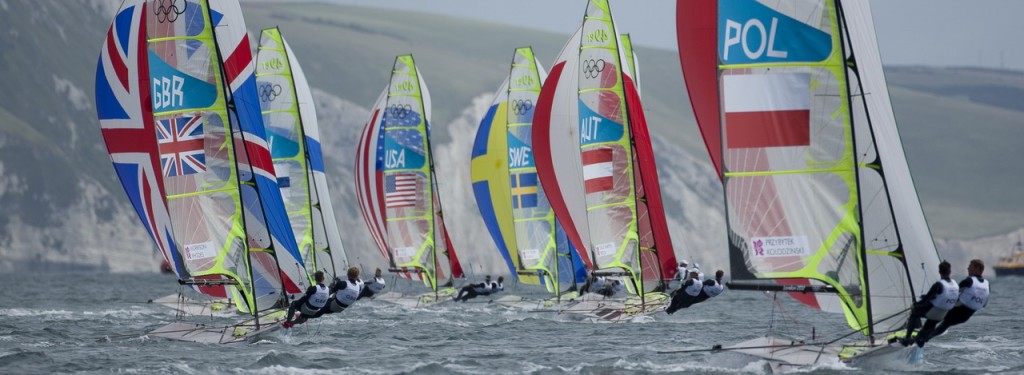 Fleet, competing today, 30.07.12, in the Men's Skiff (49er) event in The London 2012 Olympic Sailing Competition.